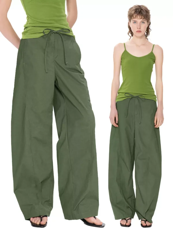 Thin wide-leg pants, green work pants for women - Image 4