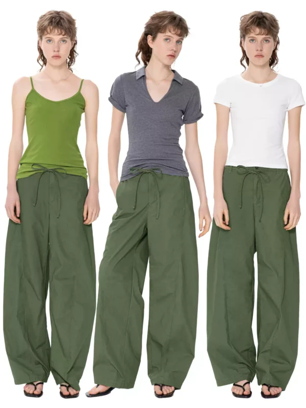 Thin wide-leg pants, green work pants for women