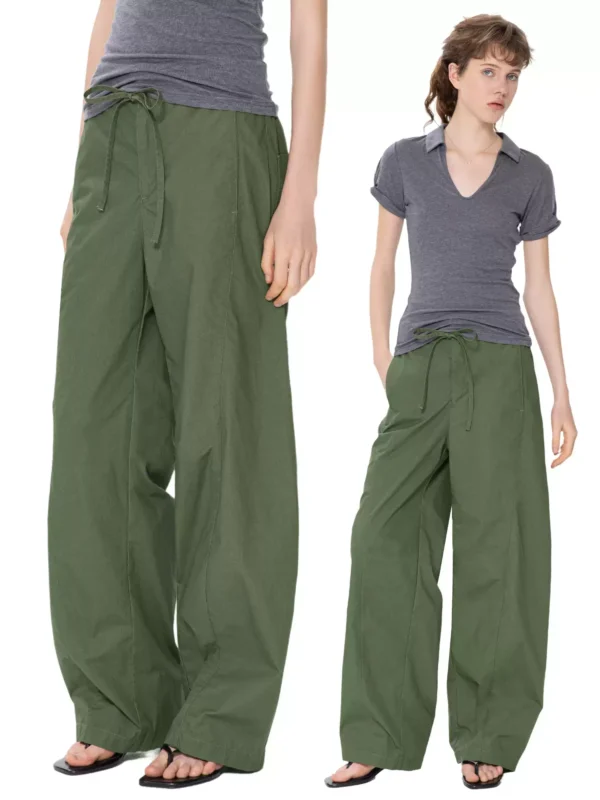 Thin wide-leg pants, green work pants for women - Image 2