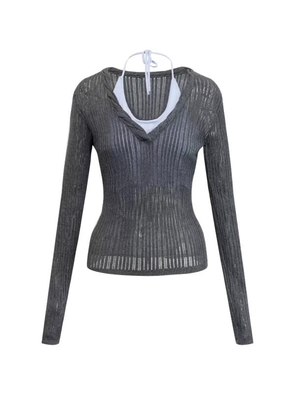 Color-blocking V-neck knitted long-sleeved T-shirt - Image 4
