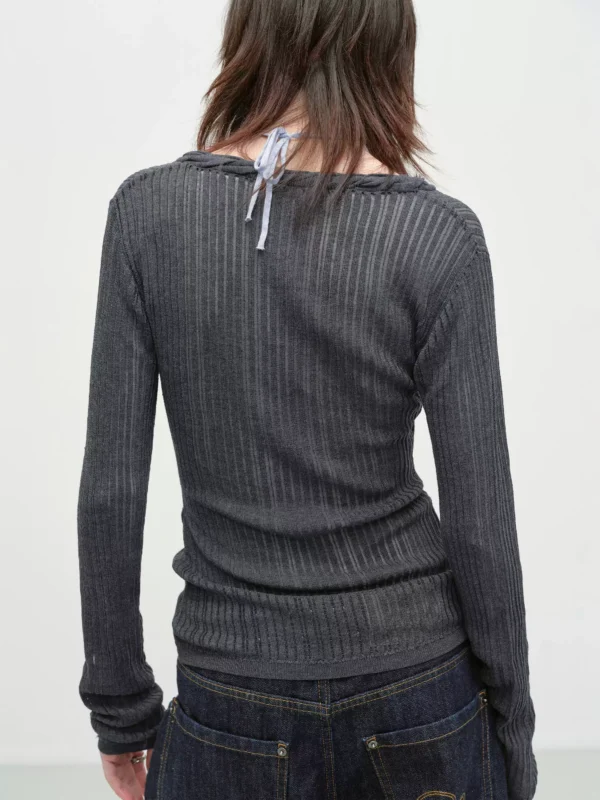 Color-blocking V-neck knitted long-sleeved T-shirt - Image 3