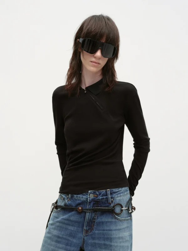 Black zippered POLO shirt T-shirt for women - Image 2