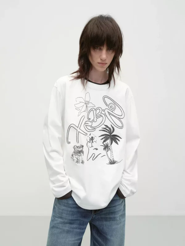 Black and white color-blocking embroidered T-shirt - Image 2