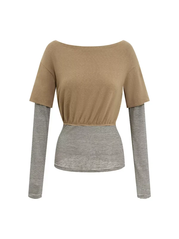 A design sense fake two-piece spliced off-the-shoulder T-shirt - Image 4