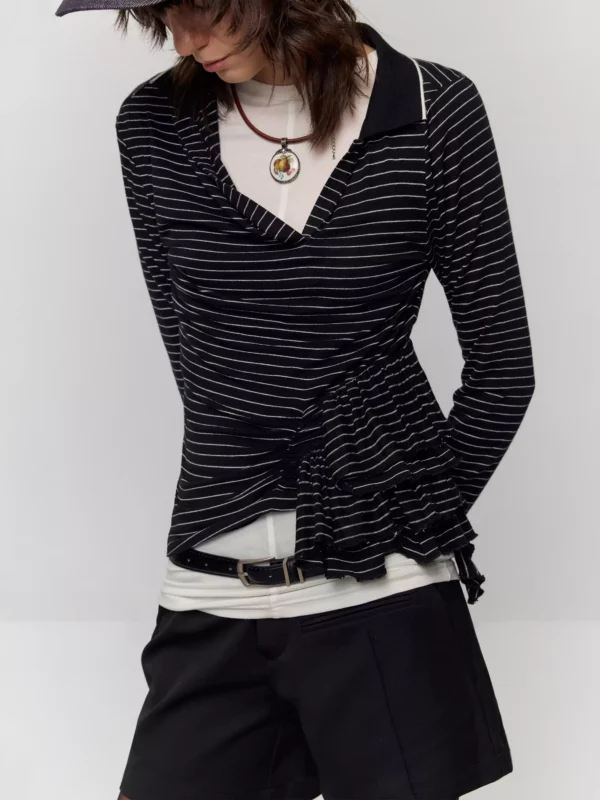 Striped Polo collar three-dimensional ruffled T-shirt - Image 3