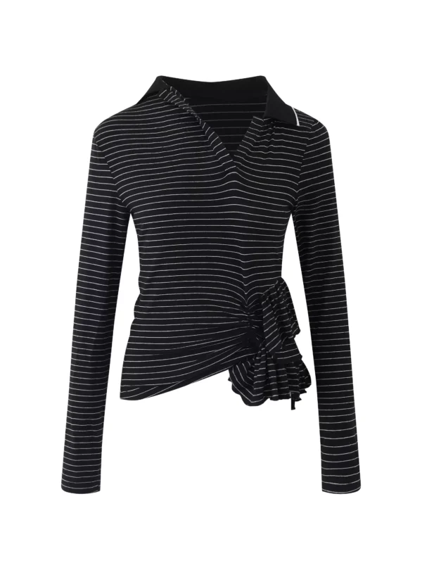 Striped Polo collar three-dimensional ruffled T-shirt - Image 4