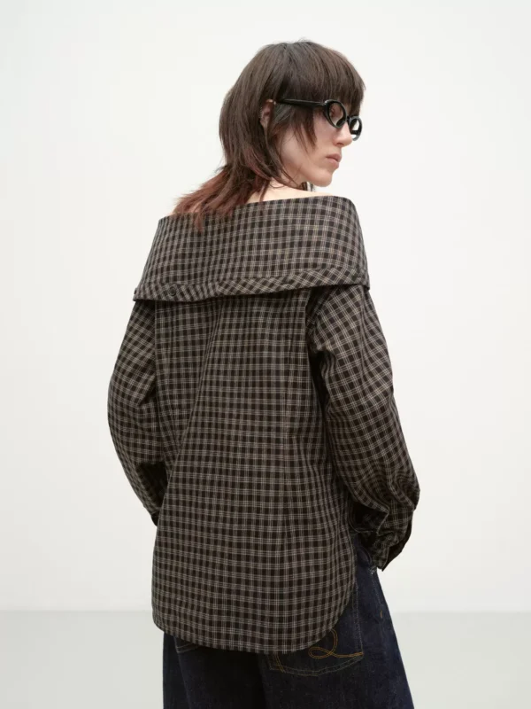 A design sense one-shoulder lapel check shirt for women - Image 3