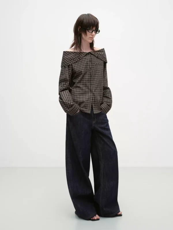 A design sense one-shoulder lapel check shirt for women - Image 2