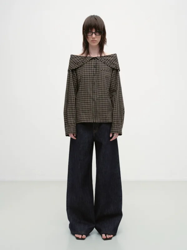 A design sense one-shoulder lapel check shirt for women
