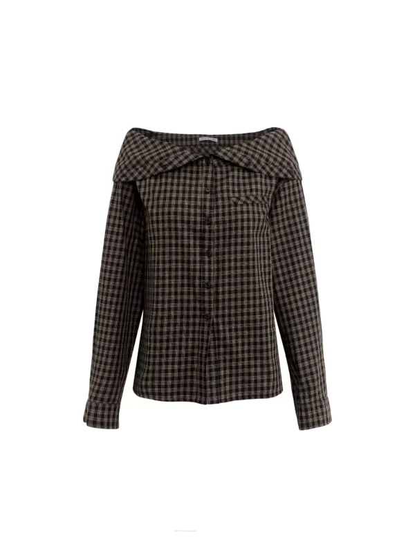 A design sense one-shoulder lapel check shirt for women - Image 4