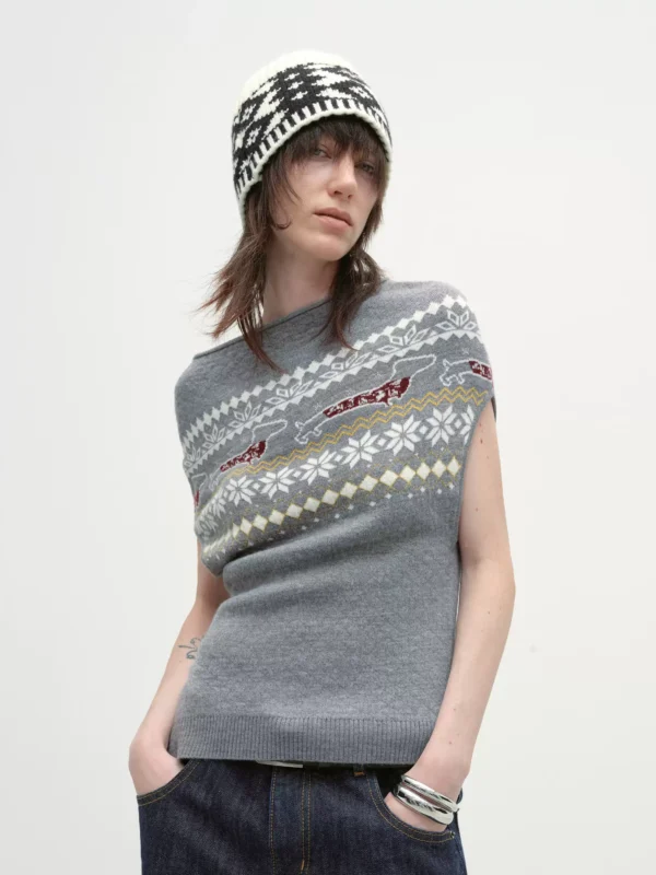 Shawl-style knitted vest, plain wool sleeveless waistcoat - Image 3
