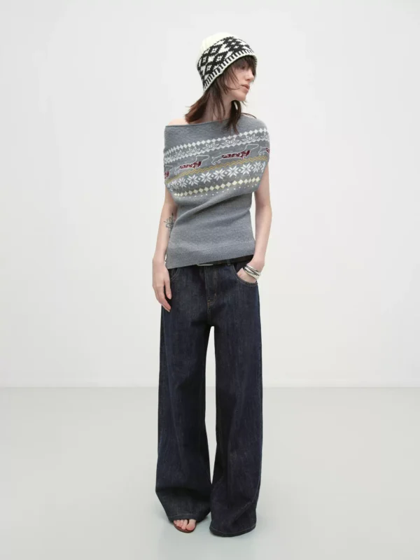 Shawl-style knitted vest, plain wool sleeveless waistcoat - Image 2
