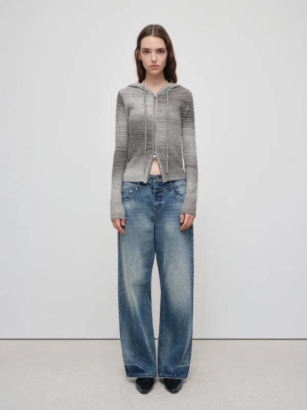 Double-zipper gradient hooded wool cardigan