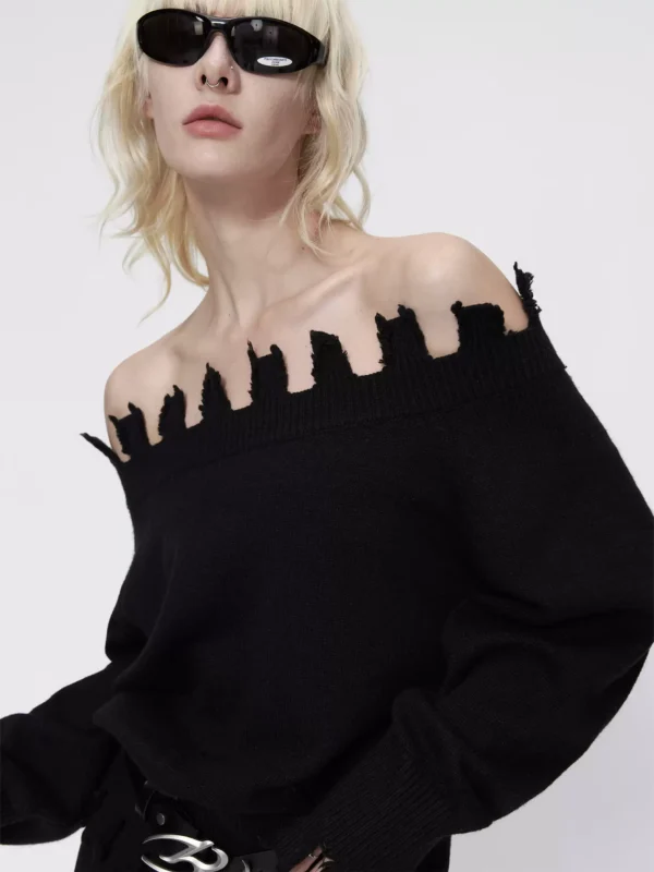 A black, stylish one-shoulder sweater with loose edges - Image 4