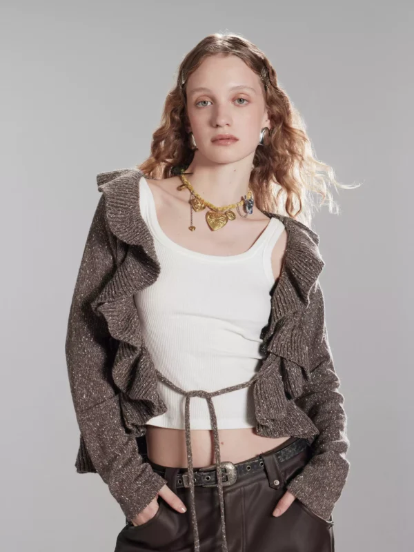 Ruffled lace-up slim V-neck short knitted cardigan - Image 3