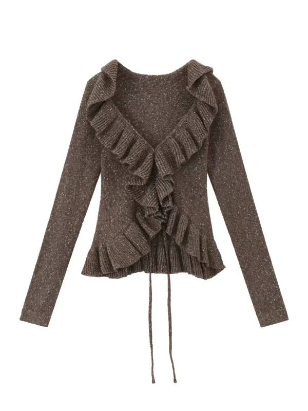 Ruffled lace-up slim V-neck short knitted cardigan - Image 4