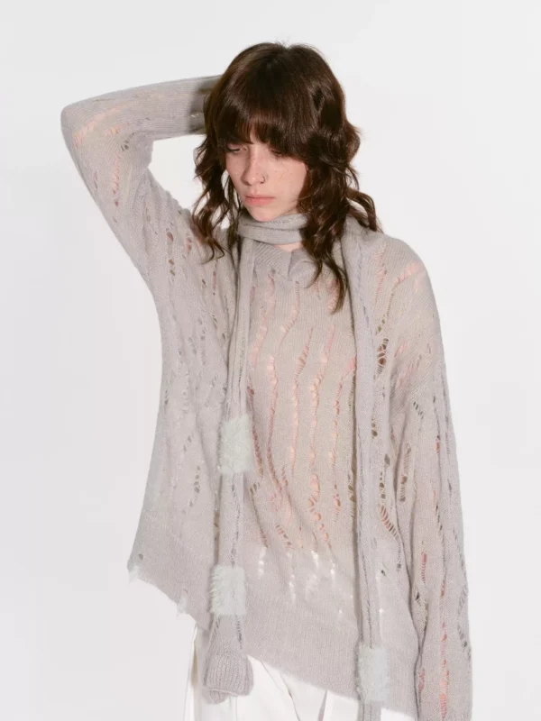 A perforated and hollowed-out knitted sweater with a scarf - Image 3