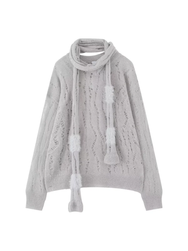 A perforated and hollowed-out knitted sweater with a scarf - Image 4