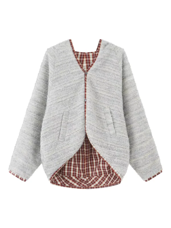 Checked wool turtle-back short coat without collar buttons - Image 4