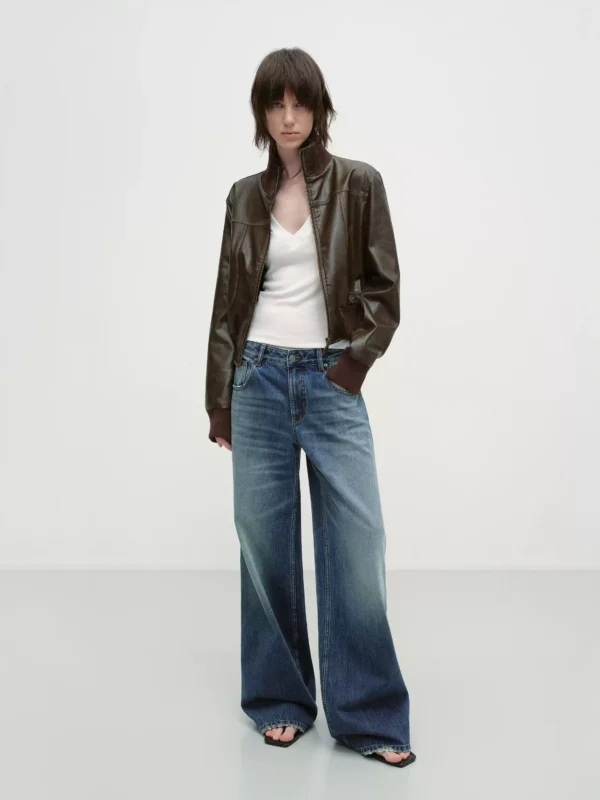 Short patchwork stand-up collar motorcycle pu leather jacket - Image 2
