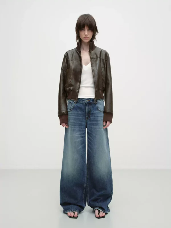 Short patchwork stand-up collar motorcycle pu leather jacket