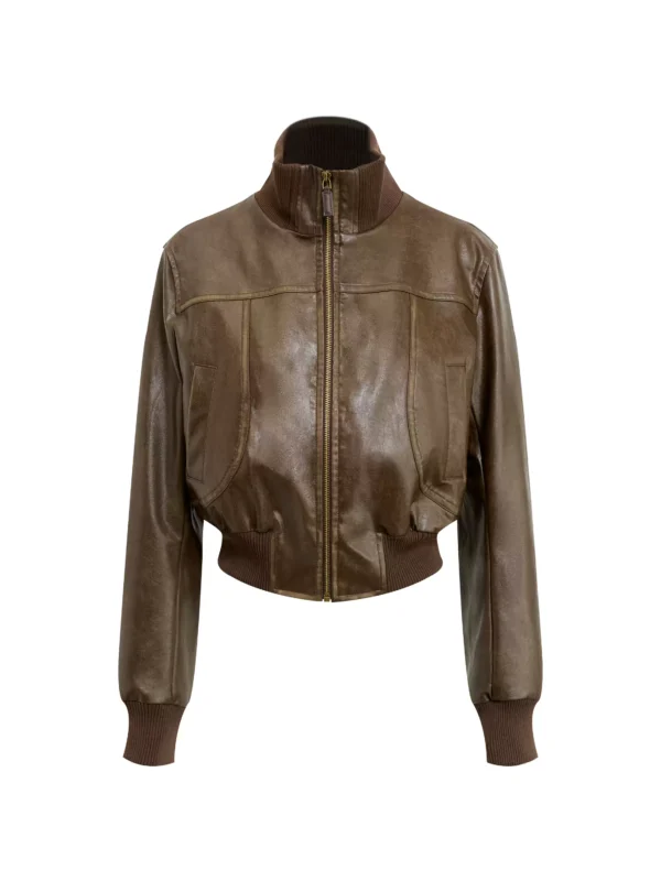 Short patchwork stand-up collar motorcycle pu leather jacket - Image 4