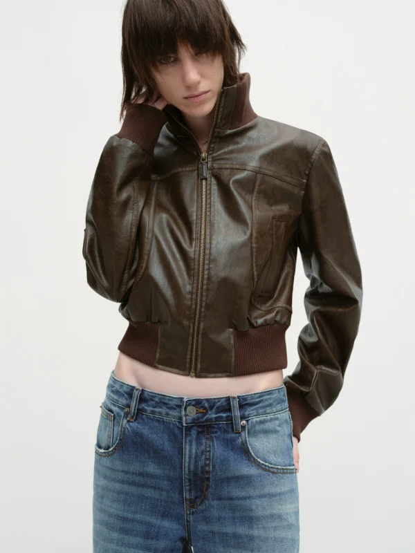 Short patchwork stand-up collar motorcycle pu leather jacket - Image 3