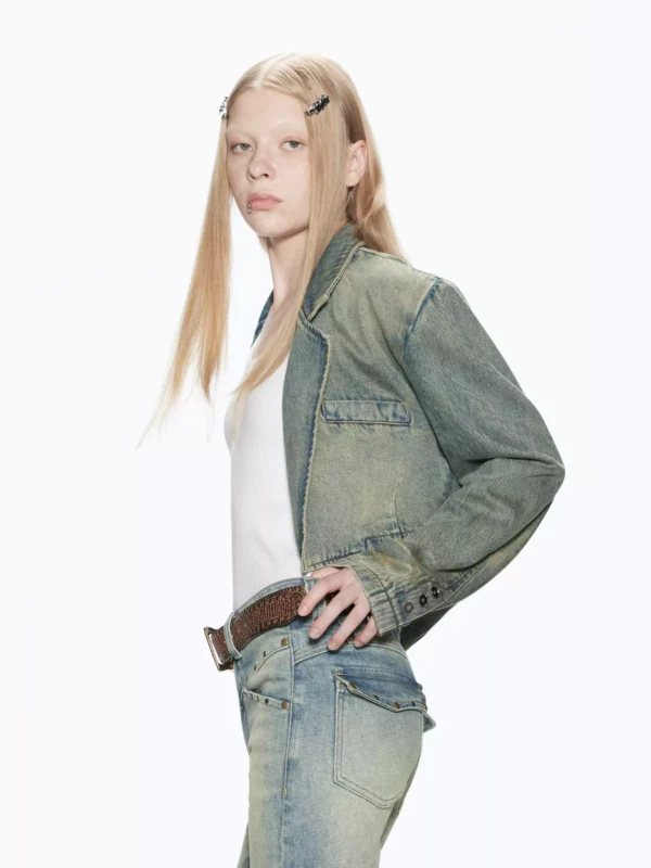 A short denim set with a large lapel and cat whiskers - Image 3