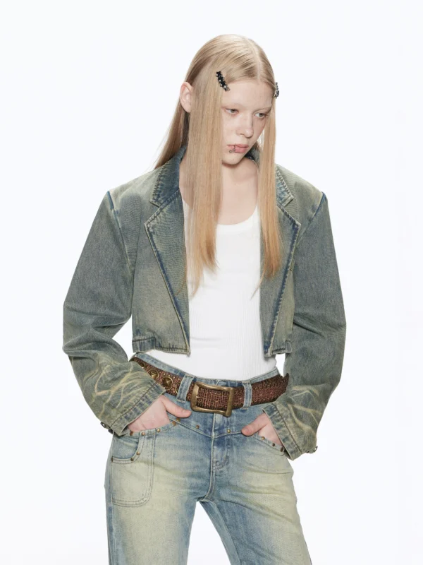 A short denim set with a large lapel and cat whiskers - Image 2