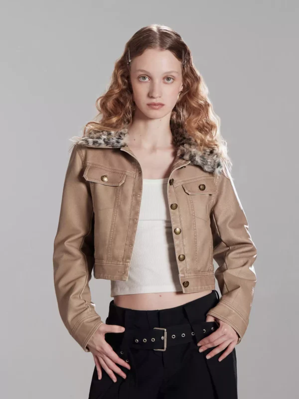 Detachable leopard print fur lapel cotton short coat - Image 2