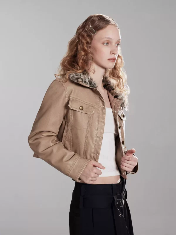 Detachable leopard print fur lapel cotton short coat - Image 3