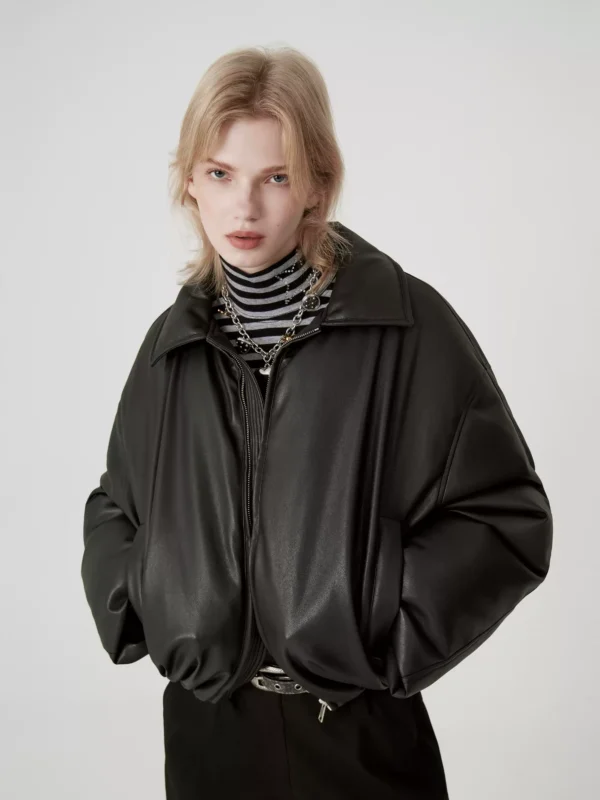 Short black pu leather down jacket for winter - Image 2