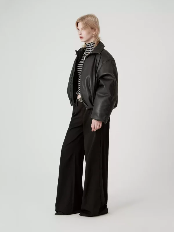 Short black pu leather down jacket for winter