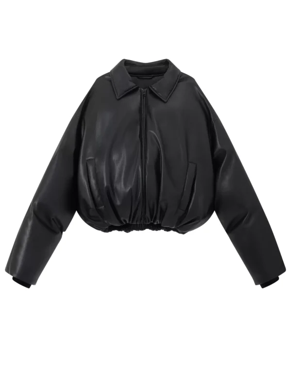 Short black pu leather down jacket for winter - Image 4