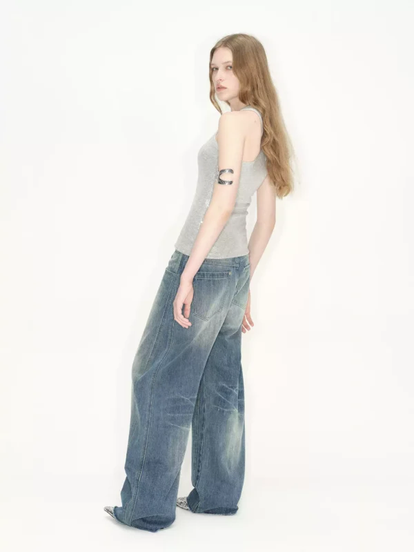 Retro washed lightning-patterned curved jeans for women - Image 2