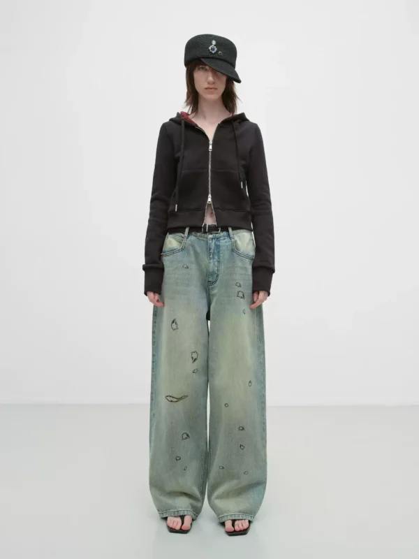 Vintage charred edge printed distressed washed jeans for women