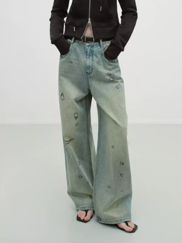 Vintage charred edge printed distressed washed jeans for women - Image 3