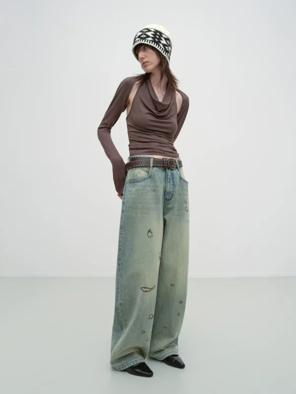 Vintage charred edge printed distressed washed jeans for women - Image 2