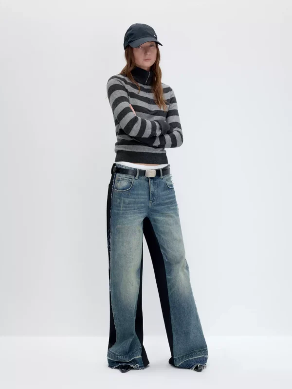 Retro color-blocking and patchwork loose fringed jeans - Image 3