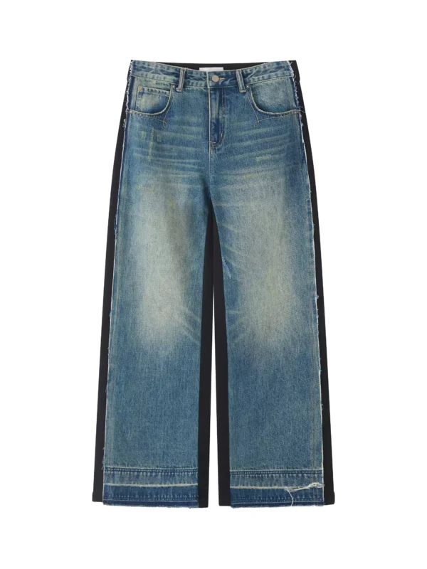 Retro color-blocking and patchwork loose fringed jeans - Image 5