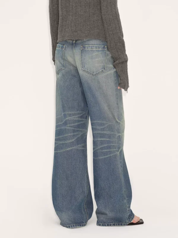 Retro blue all-cotton washed jeans for women - Image 3