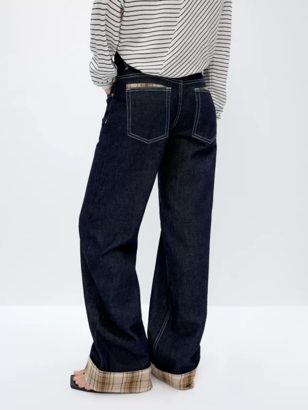 Retro deep blue checkered denim straight-leg trousers - Image 3