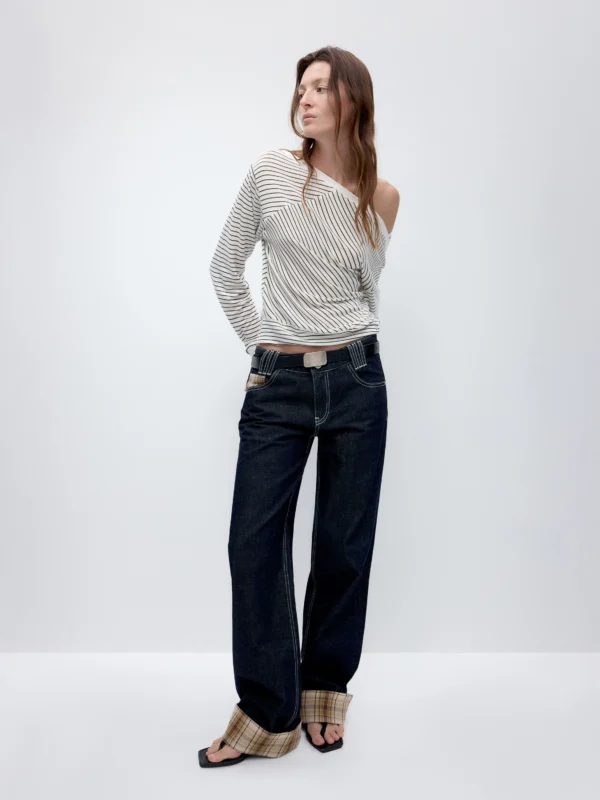 Retro deep blue checkered denim straight-leg trousers - Image 2