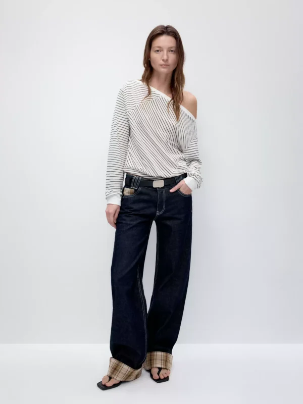 Retro deep blue checkered denim straight-leg trousers