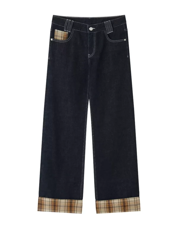 Retro deep blue checkered denim straight-leg trousers - Image 4