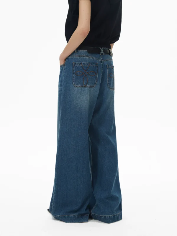 Retro thick-thread embroidered wide-leg jeans - Image 3