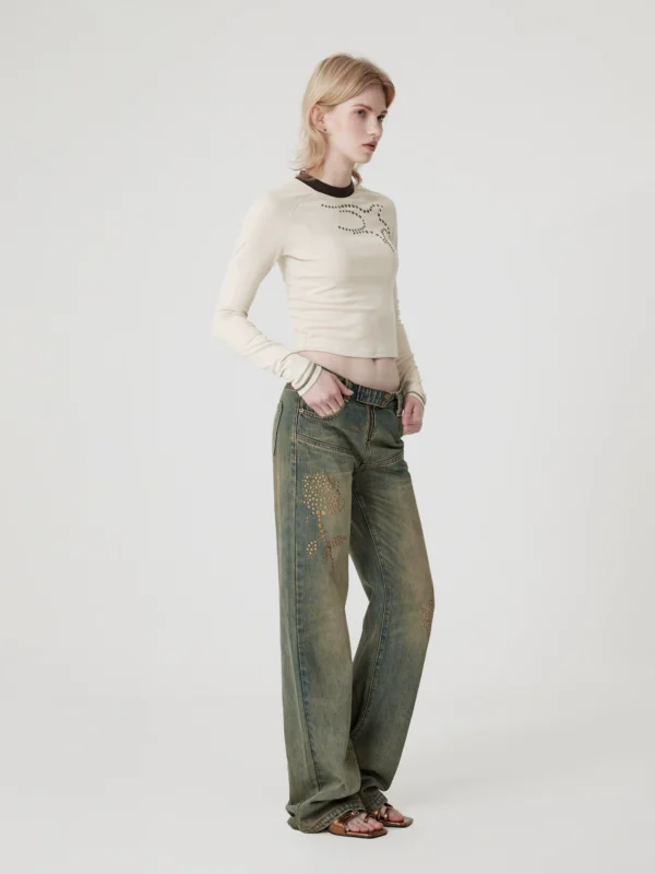 Low-waisted bronze rose rhinestone jeans - Image 2