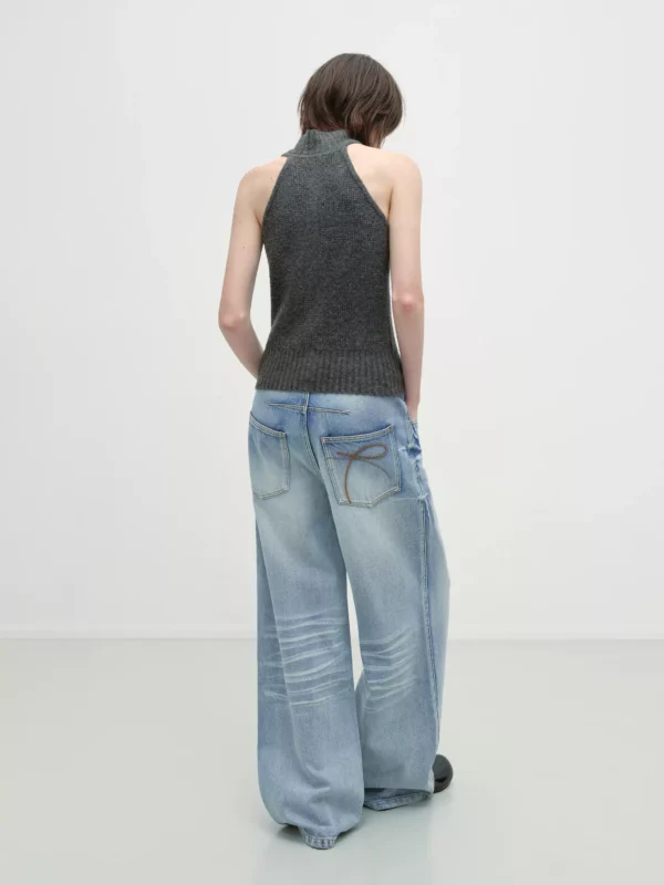Retro-style tie-flower cat whiskers washed jeans - Image 3