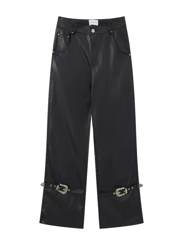 Black pu leather pants, low-waisted wide-leg pants - Image 4