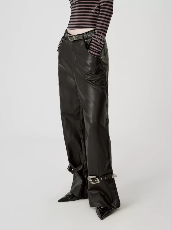Black pu leather pants, low-waisted wide-leg pants - Image 2